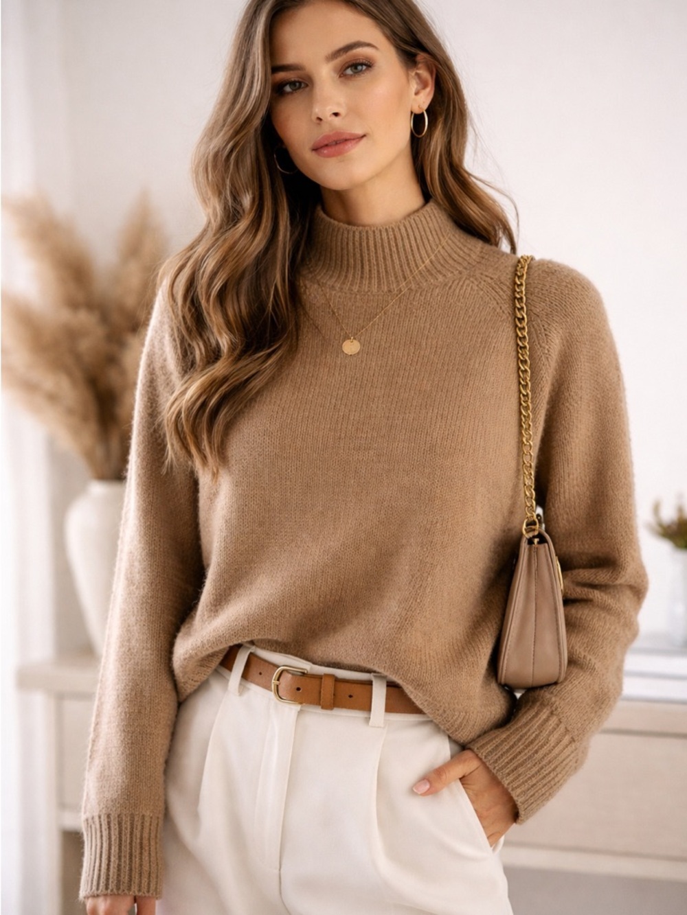 RUDSAK Tan Knit Sweater XS/S Women Light Academia Quiet Luxury Minimalist Soft